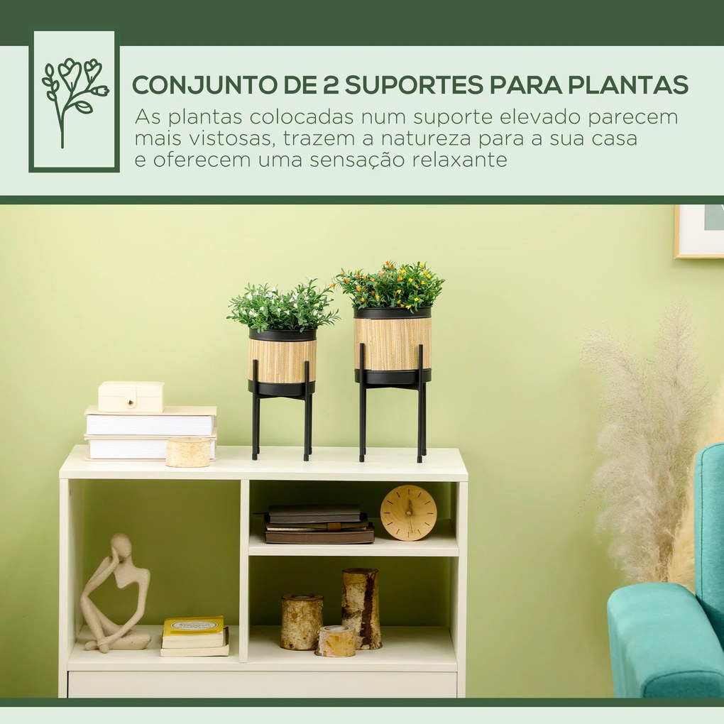 Conjunto de 2 Suportes para Plantas de Metal Revestido em Junco Suporte para Vasos de Plantas Redondos para Sala de Estar Cozinha Dormitório Ø16x30 cm