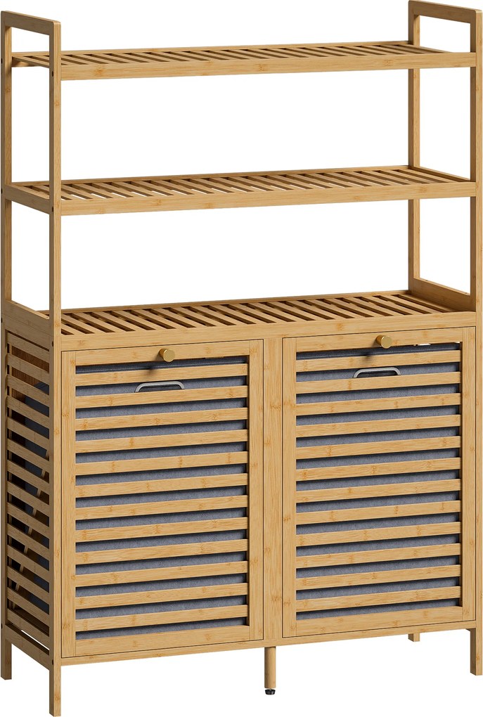 HOMCOM Estante de Casa de Banho em Bambu com 2 Cestos para Roupa Suja Inclináveis 38,7 L e 3 Prateleiras 80x30x118 cm Carvalho | Aosom Portugal