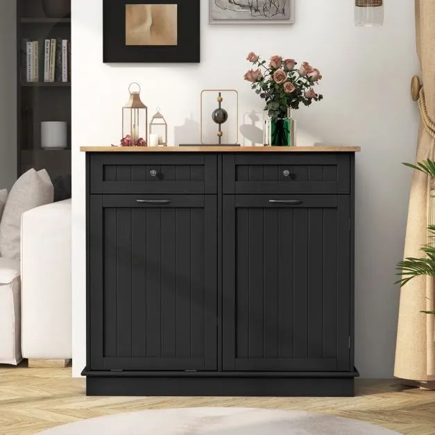 Armário de cozinha 100 x 35 x 90,5 cm com caixote lixo rebatível de 42 L 2 gavetas Estante ajustável para sala de jantar Preto
