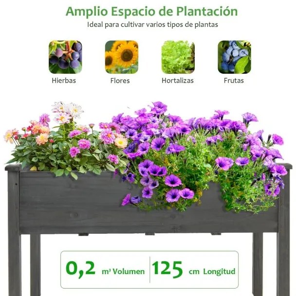 Floreira elevado para flores, plantas e cultivo para jardim, exterior ou varanda 125 x 59 x 76 cm cinza