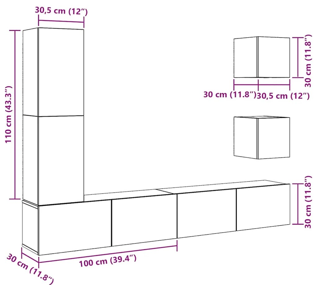 Conjunto de armário TV de parede 5 pcs madeira madeira velha