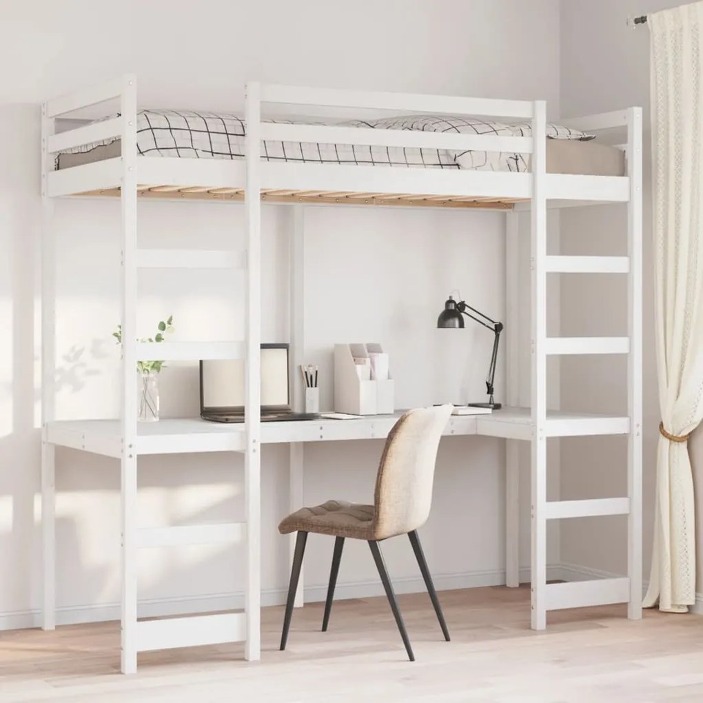 vidaXL Cama alta com secretária 90x200 cm pinho maciço branco