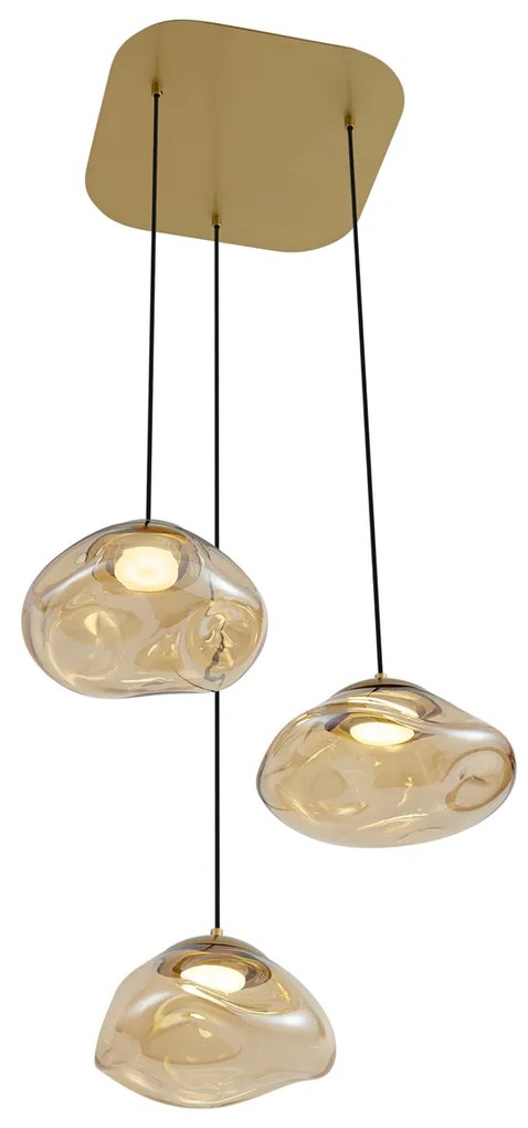 Candeeiro suspenso Hotel Chic latão com vidro âmbar 3 luzes - Gus