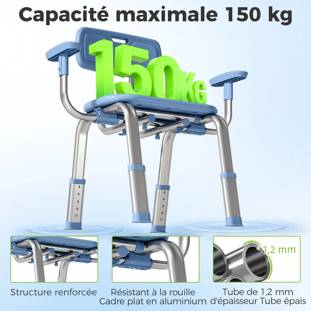 Banco de duche ergonómico com apoios de braços 60-70 (L) x 52 (P) x 62-72 (A) cm, encosto, altura e assento ajustáveis, azul