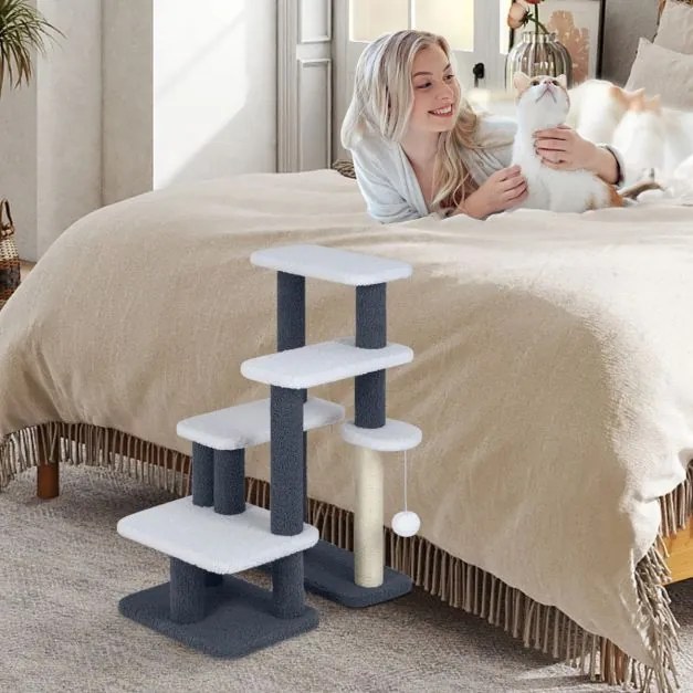 Escada para gatos e cães 62 x 41 x 77 cm,  2 em 1 com arranhador de juta e sisal, 3 plataformas e 4 degraus para camas altas, sofás e interiores cinza