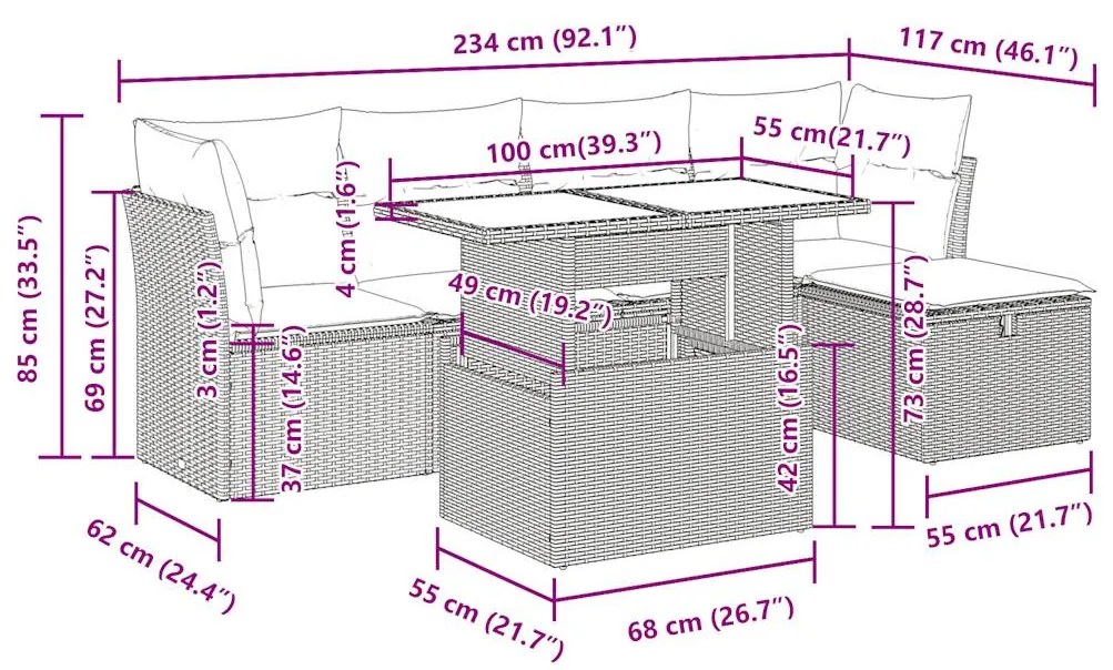 6 pcs conjunto sofás de jardim c/ almofadões vime PE preto