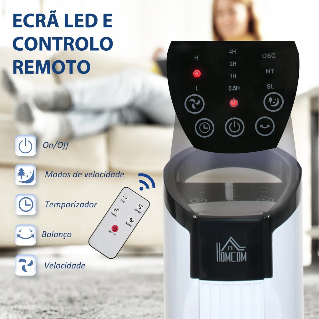 Ventoinha de Coluna 50W com Controlo Remoto 3 Velocidades Ecrã LCD Temporizador 7,5h e Oscilante 70° Ø20x78,5 cm Branco