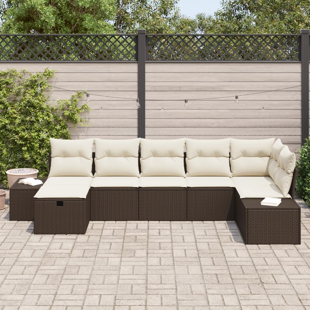 Conjunto de Sofá de Jardim de 7 Peças com Almofadas Castanho em Rattan