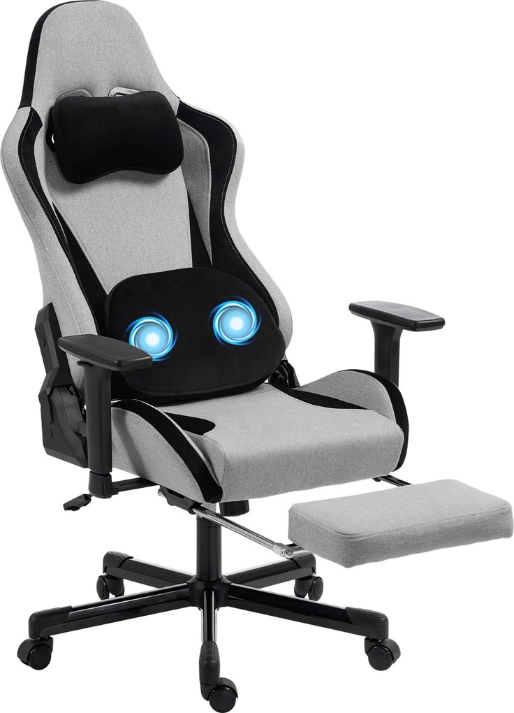 HOMCOM Cadeira Gaming Ergonômica com Massagem Aquecida, Apoio para os Pés, Tecido, Cinza | Aosom Portugal