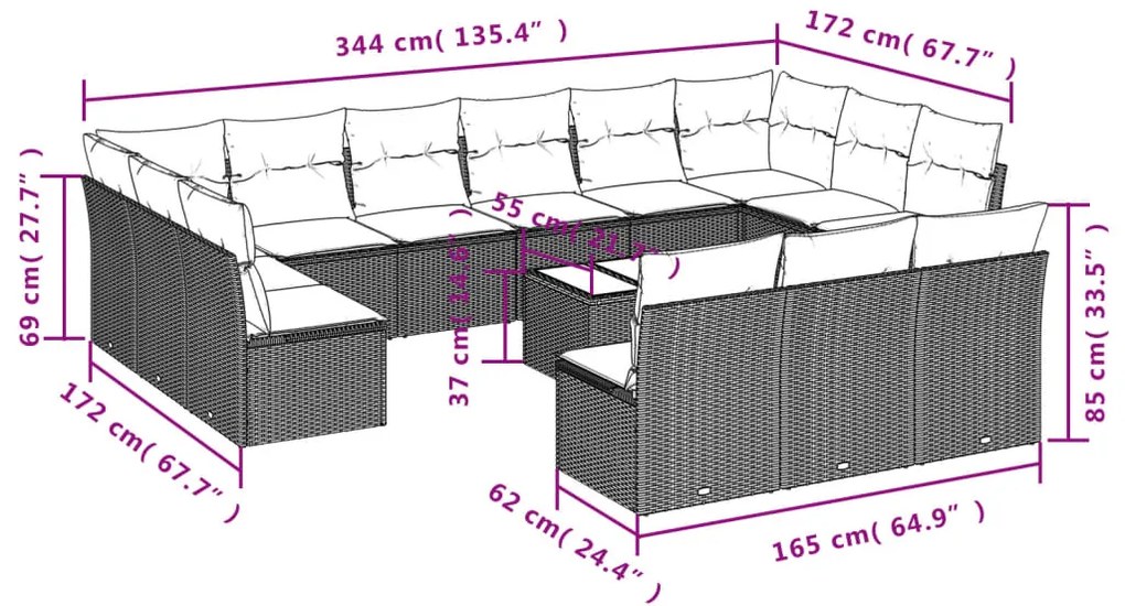 14 pcs conjunto sofás p/ jardim c/ almofadões vime PE cinzento