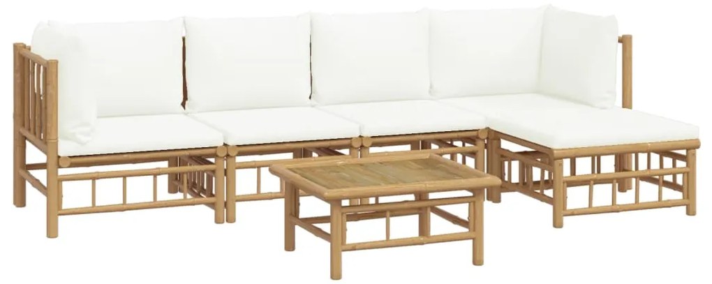 6 pcs conjunto lounge de jardim bambu c/ almofadões branco nata