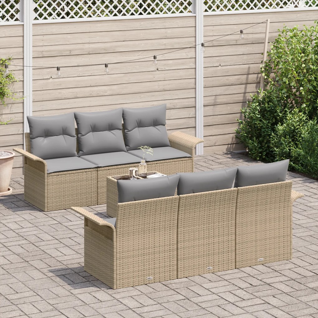 Conjunto de Sofá de Jardim vidaXL 7 Peças com Almofadas Bege Vime Sint