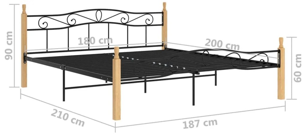 Estrutura de cama 180x200cm metal/madeira carvalho maciça preto