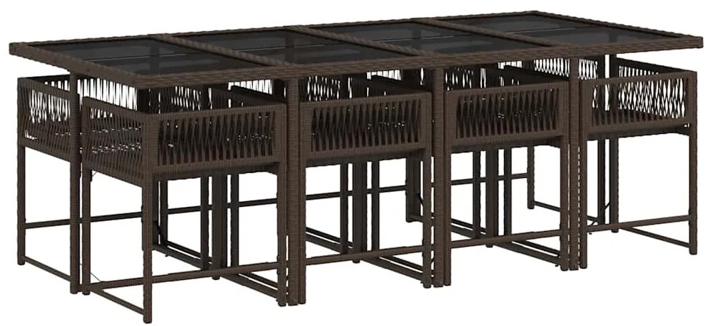 9 pcs conjunto jantar p/ jardim c/ almofadões vime PE castanho
