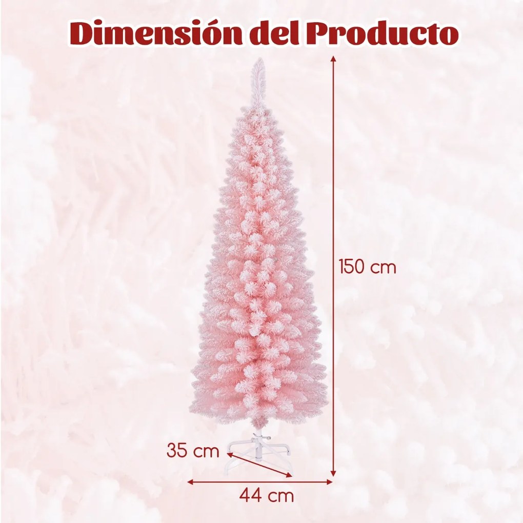 Árvore de Natal artificial com neve de 150 cm com 328 pontas de ramos Base metálica dobrável Forma fina Decoração para casa escritório Rosa