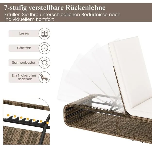 Espreguiçadeira de rattan para jardim com almofada e encosto ajustável, suporta até 180 kg Castanho misto + Branco