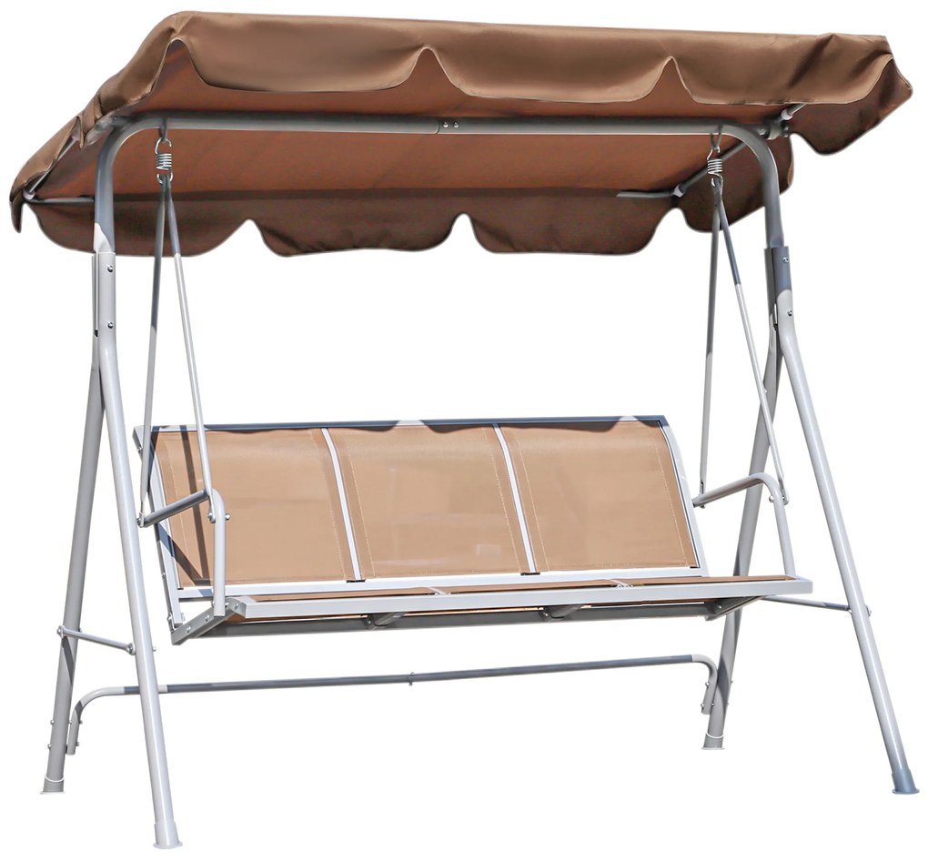 Outsunny Baloiço Jardim de 3 Lugares com Toldo Ajustável Encosto Respirável e Estrutura de Metal para Terraço Balcão Exterior Carga 200kg 171x108x154cm Marrom