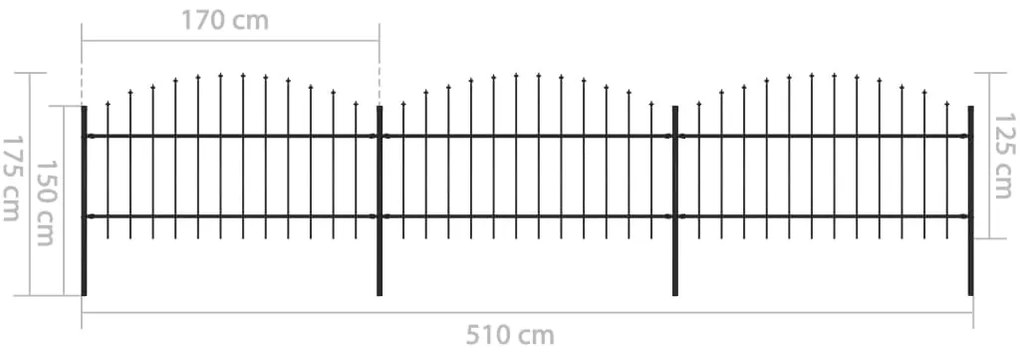 Cerca de jardim com topo em lanças (1-1,25)x5,1 m aço preto