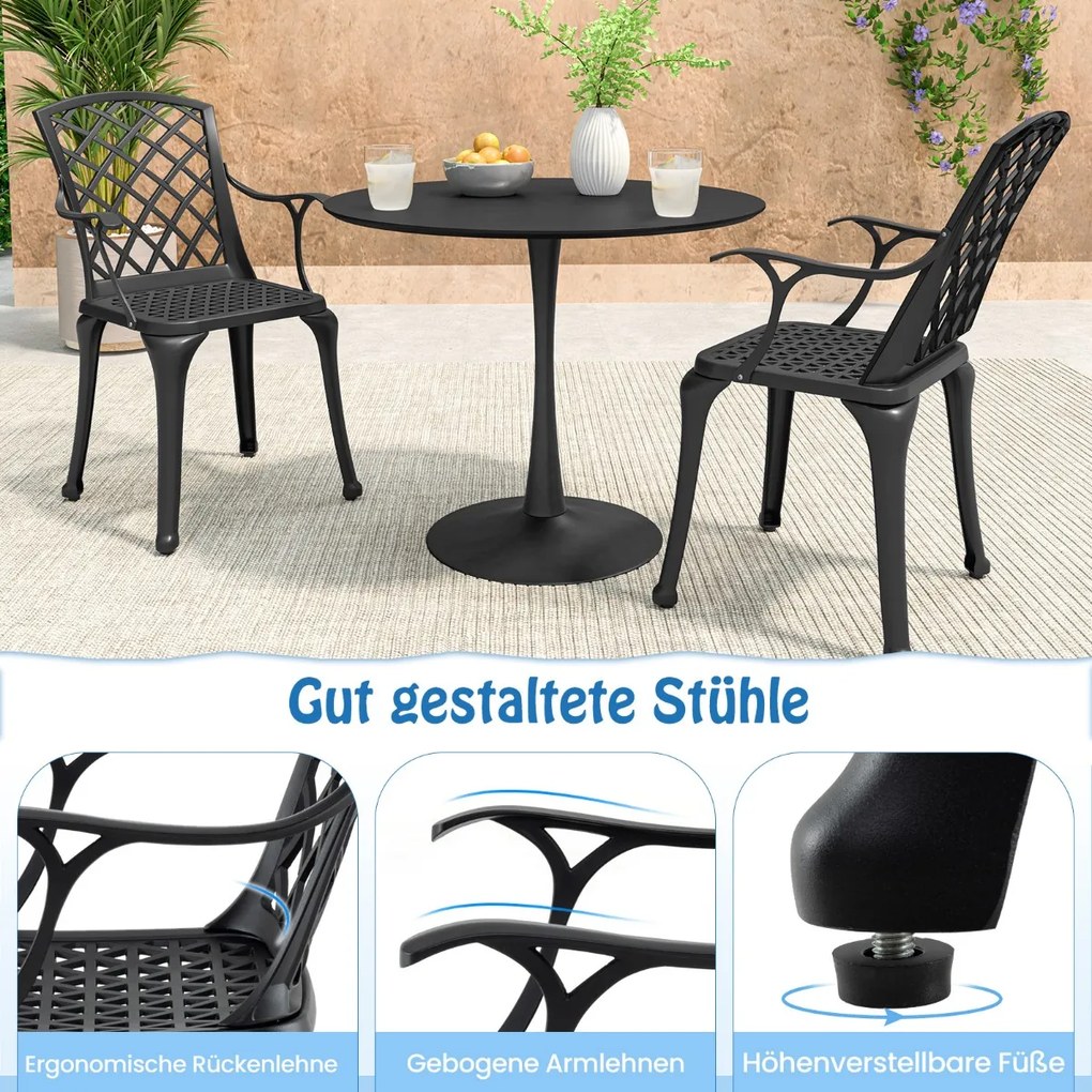 Conjunto de 2 cadeiras de jantar em alumínio fundido, cadeiras para áreas externas com assento curvo ergonômico e pés ajustáveis ​​em bronze