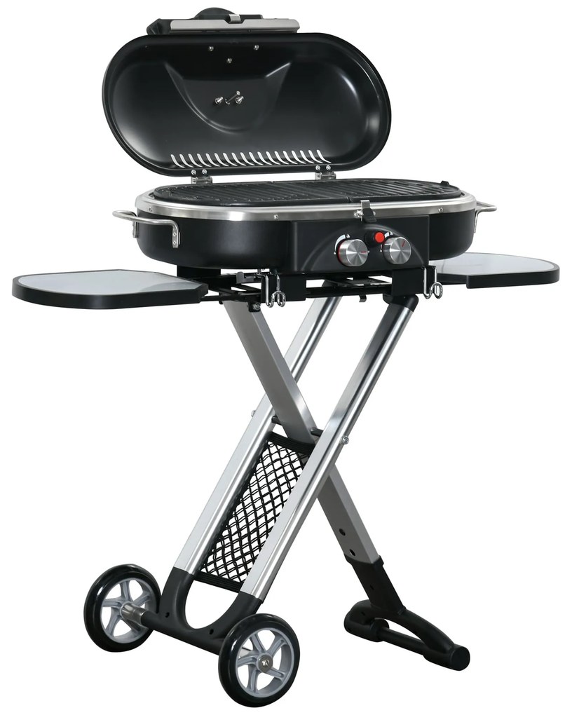 Outsunny Barbecue Gás Dobrável 2 Queimadores 2,34 KW Rodas Grelhas Metálicas Mesas Laterais 100x41,6x82,5 cm Preto