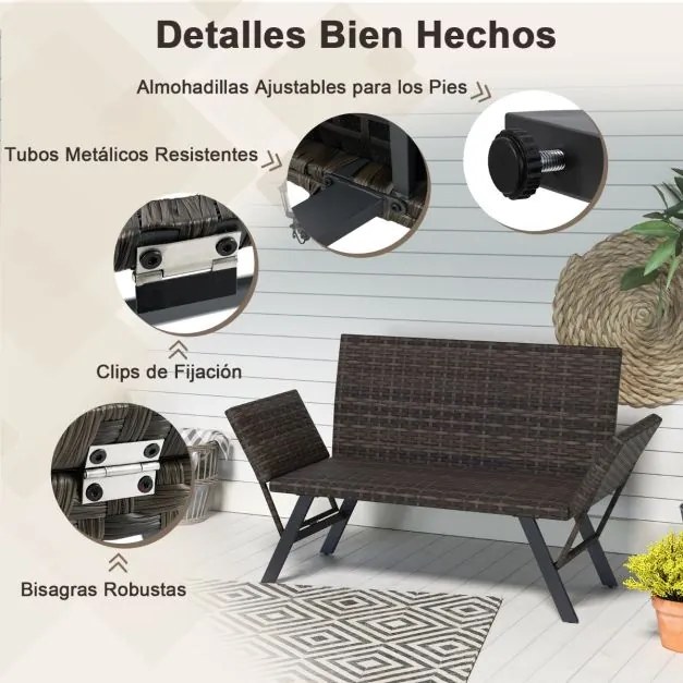 Banco de rattan de 2 lugares de secagem rápida com apoios de braços ajustáveis com estrutura metálica Cor Rattan misto
