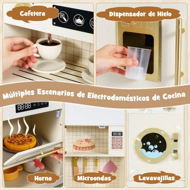 Cozinha de brincar em madeira para crianças 95 x 32 x 96 cm com forno micro-ondas, torneira e vários acessórios para maiores de 3 anos, bege