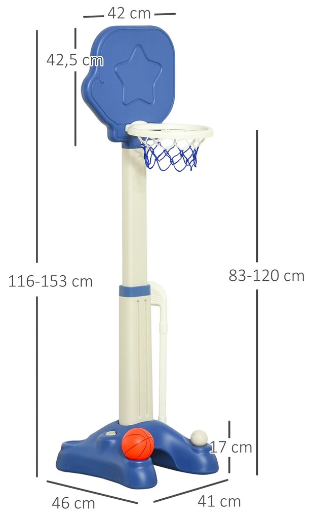 Cesta de Basquetebol 2 em 1 Jogo de Golf para Crianças acima de 2 Anos Aro com Altura Ajustável de 83-120cm Bolas e Taco de Golf 46x41x116-153cm Azul