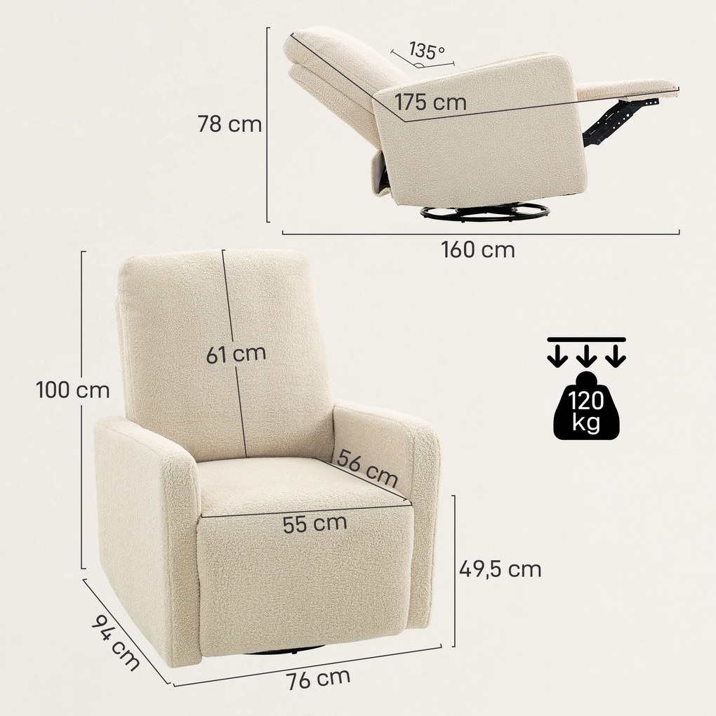 Poltrona reclinável, poltrona de relaxamento com apoio para os pés, giratória em 360° e reclinável, 76 x 94 x 100 cm, bege