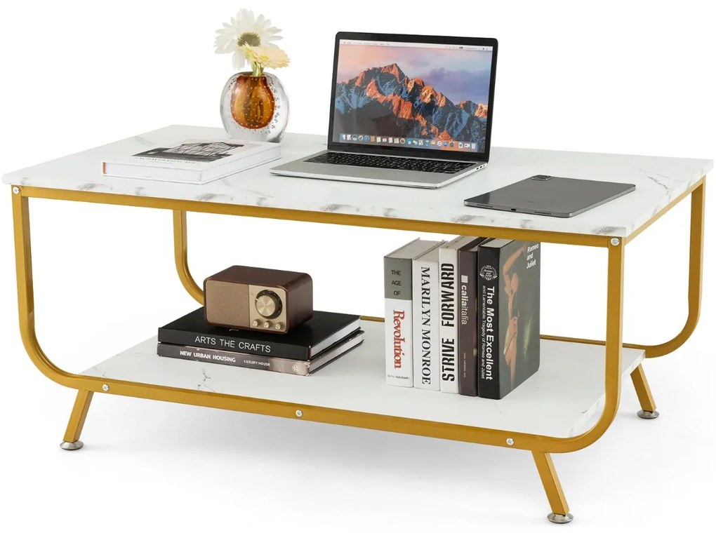 Mesa de centro moderna em mármore com Estante para Sala de Estar Escritório 105 x 55 x 46,5 cm Branco e dourado