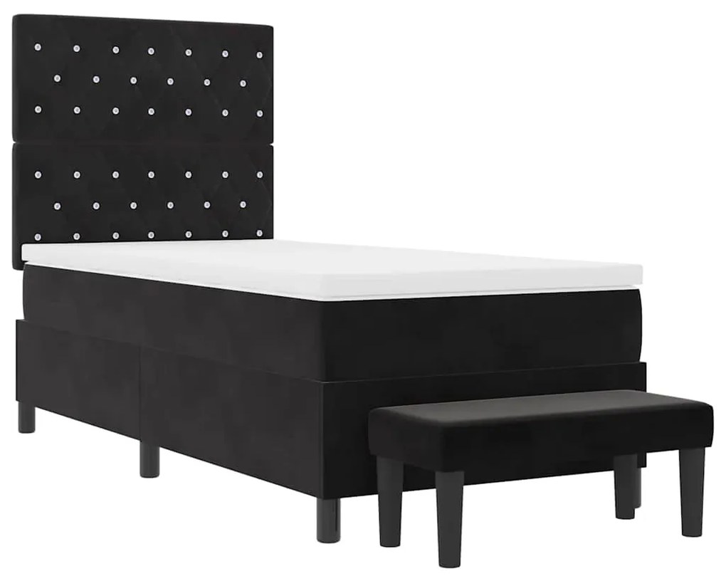 Cama Box Spring com Colchão e Banco Preto 100x200 cm Veludo