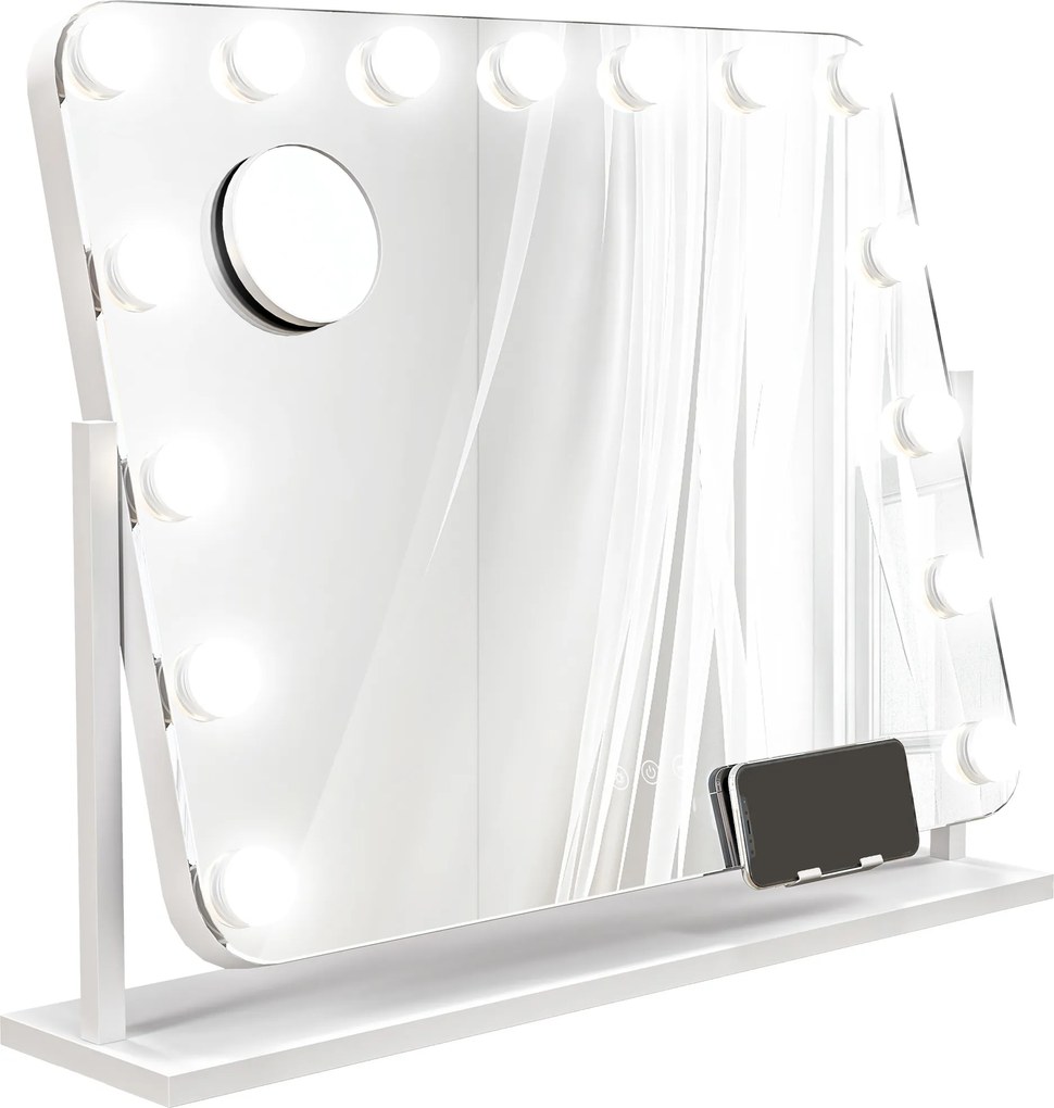 Espelho de maquilhagem 63 x 50 cm com iluminação LED de intensidade regulável, espelho de aumento, porta de carregamento USB, rotação de 360°,  branco