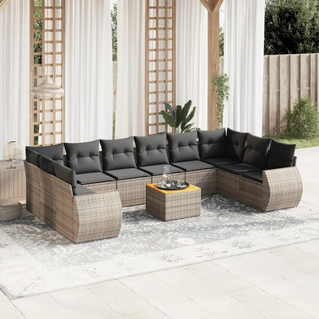 11 pcs conjunto sofás de jardim c/ almofadões vime PE cinzento