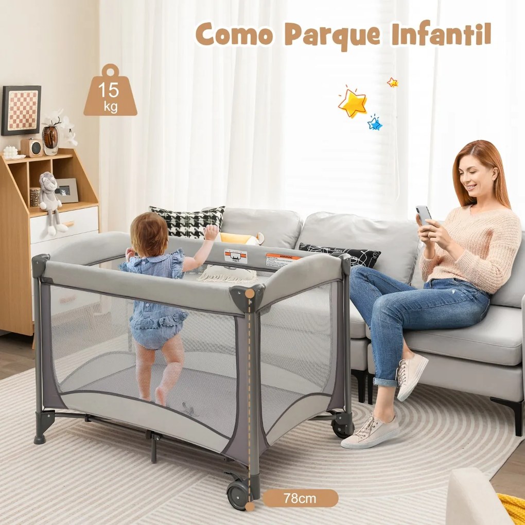 Berço Centro de atividades infantil portátil 5 em 1 com trocador de saia para protetor de berço Colchão removível 2 rodas cinto 110 x 78 x 78 cm Cinze