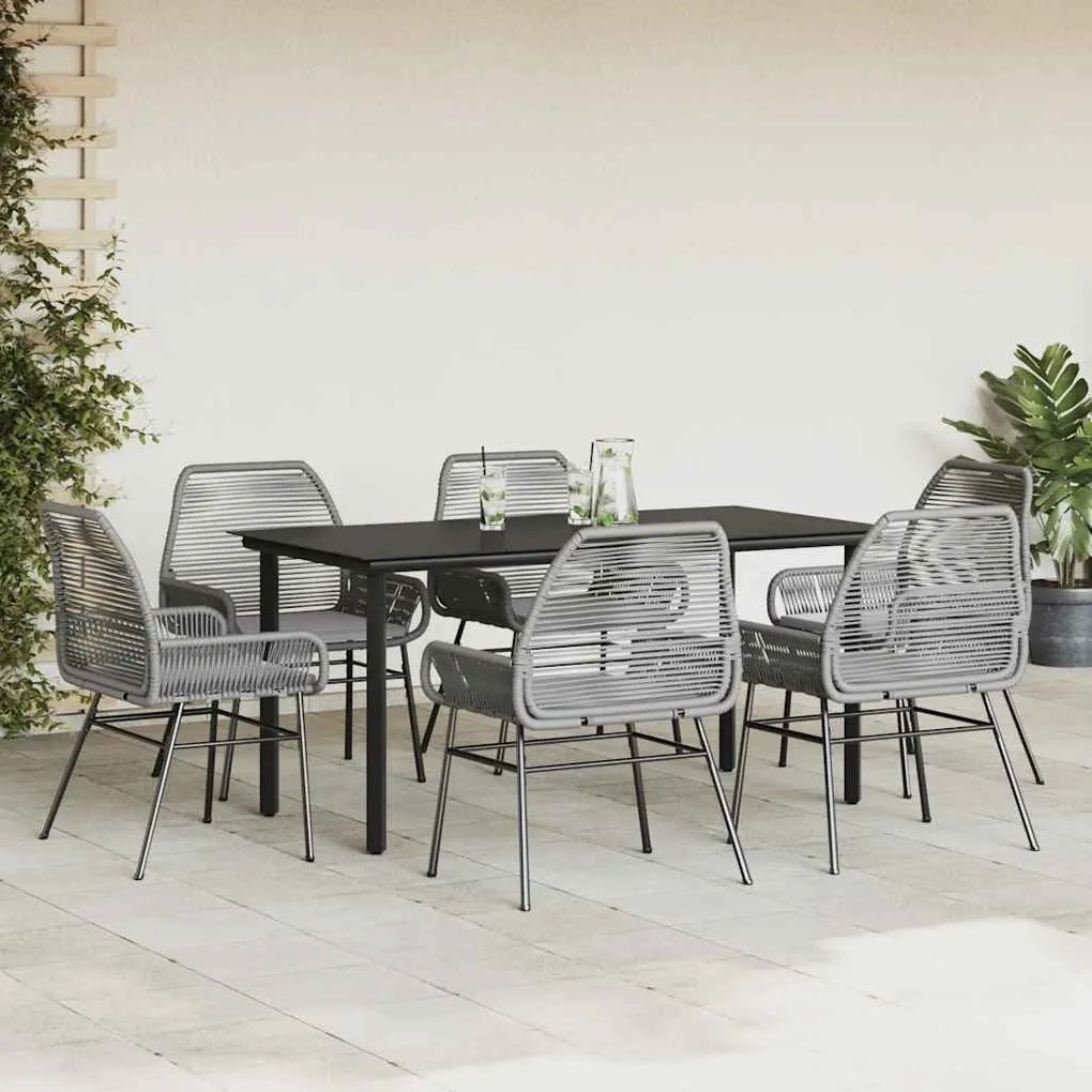 Conjunto jantar jardim 7 peças almofadas vidro vime cinzento PE