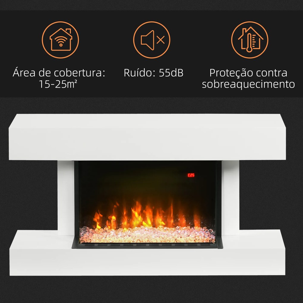 HOMCOM Lareira Elétrica 1000W/2000W Lareira Elétrica de Parede com Temperatura Ajustável Silenciosa Temporizador e Controlo Remoto para Ambientes de 15-25 m² 98x27x54,5 cm Branco