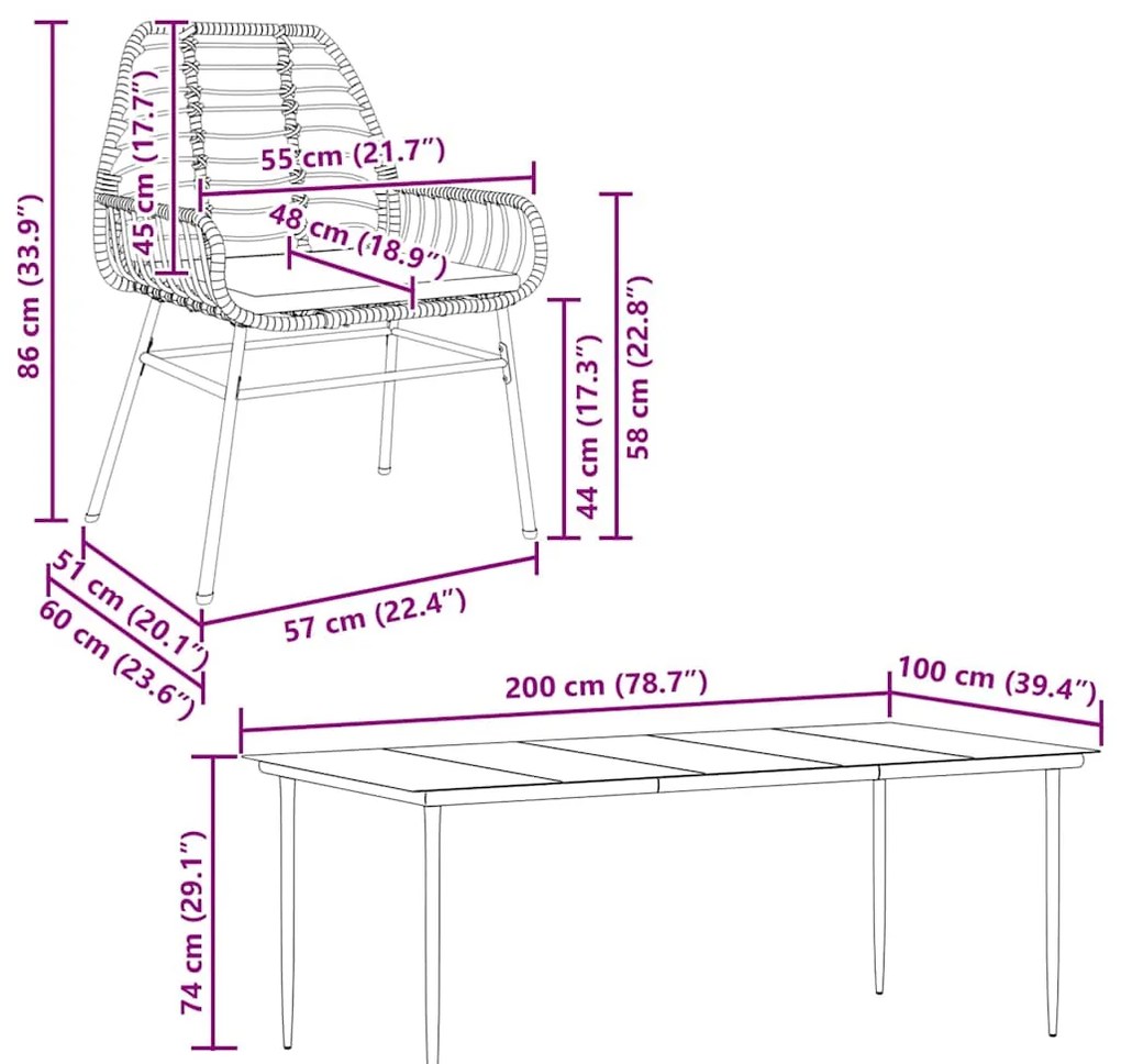 Conjunto jantar jardim 9 peças almofadas vidro vime PE castanho