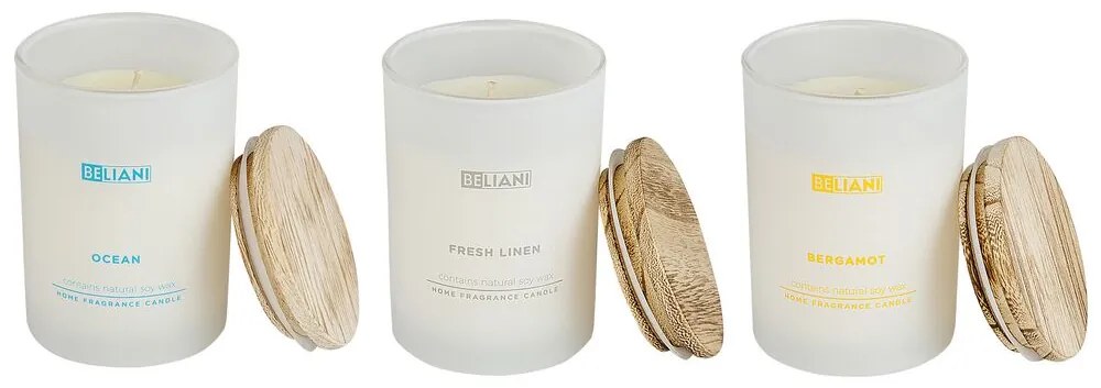 Conjunto de 3 velas perfumadas de cera de soja oceano/bergamota/linho fresco SIMPLICITY Beliani