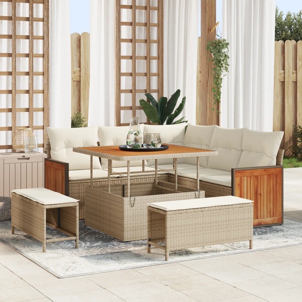Conjunto de Sofá de Jardim de 8 Peças com Almofadas Bege Vime de Acácia