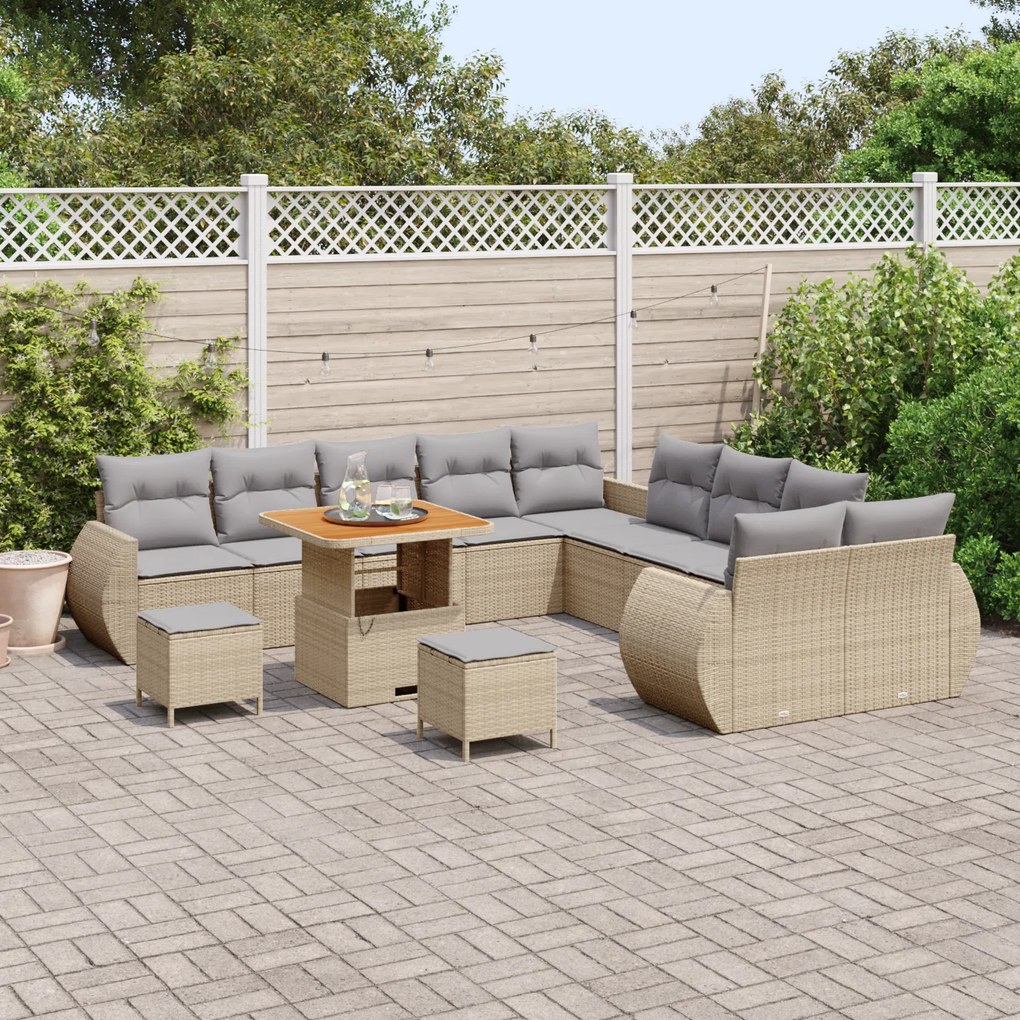 Conjunto de Sofá de Jardim de 13 Peças com Almofadas Bege Rattan Poli