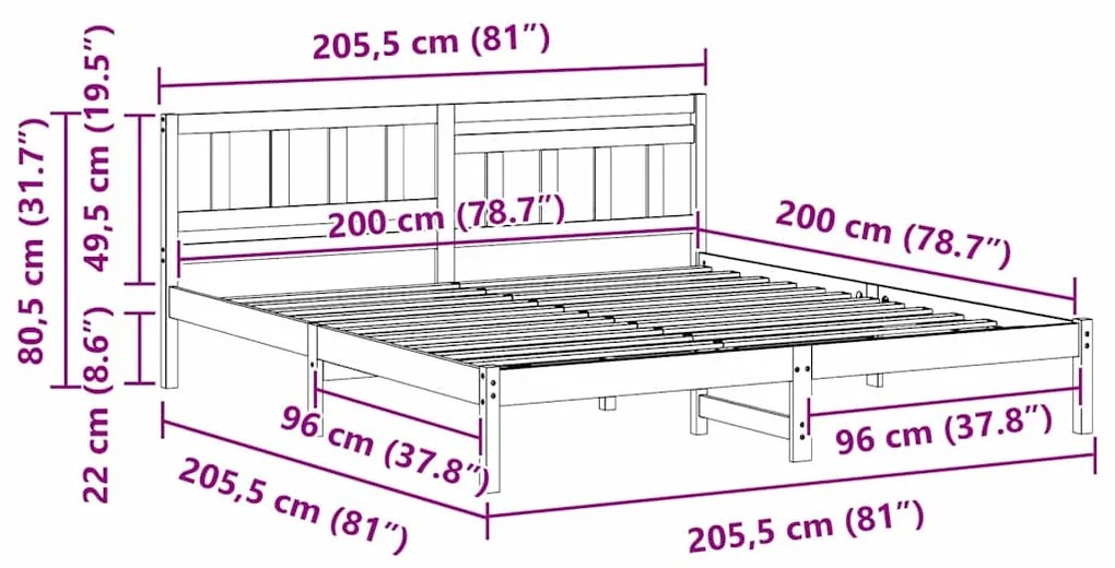 Estrutura da Cama com cabeceira Castanho-mel 200 x 200 cm