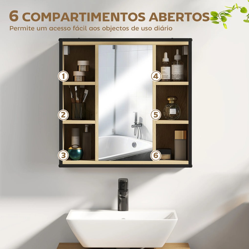 Armário de Casa de Banho com Espelho Prateleira Ajustável e 6 Compartimentos Abertos 60x16x58,5 cm Madeira