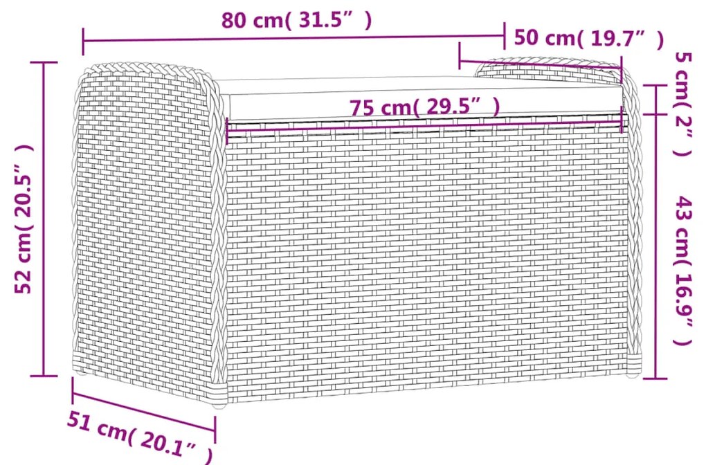 Banco de arrumação com almofadão 80x51x52 cm vime PE castanho