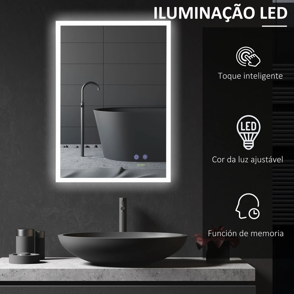 Espelho Casa de Banho com Luz LED Espelho de Parede com Iluminação 70x50cm Interruptor Tátil 3 Luzes Ajustáveis Função Anti-Embaciamento e Estrutura d