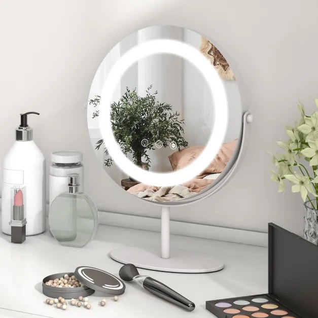 Espelho de maquilhagem LED de 25 cm com luz 3 cores ajustáveis, função de memória e ecrã tátil Espelho de casa de banho redondo Espelho de toucador br