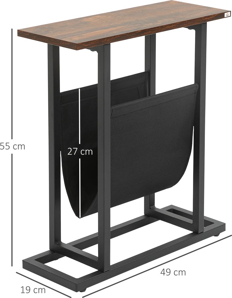 Mesa de apoio com porta-revistas, estrutura em aço 49 x 19 x 55 cm, preto e castanho escuro
