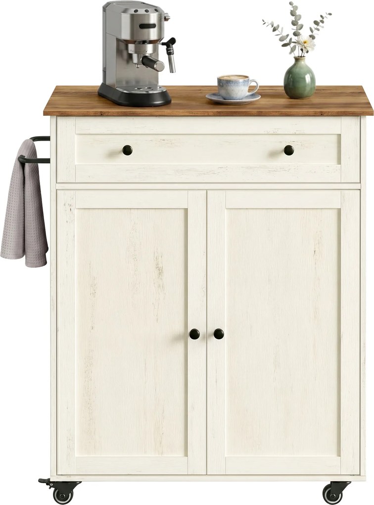 Carrinho de cozinha com armário e gaveta em estilo rústico 78,5 x 40 x 89,2 cm Branco vintage e castanho-mel
