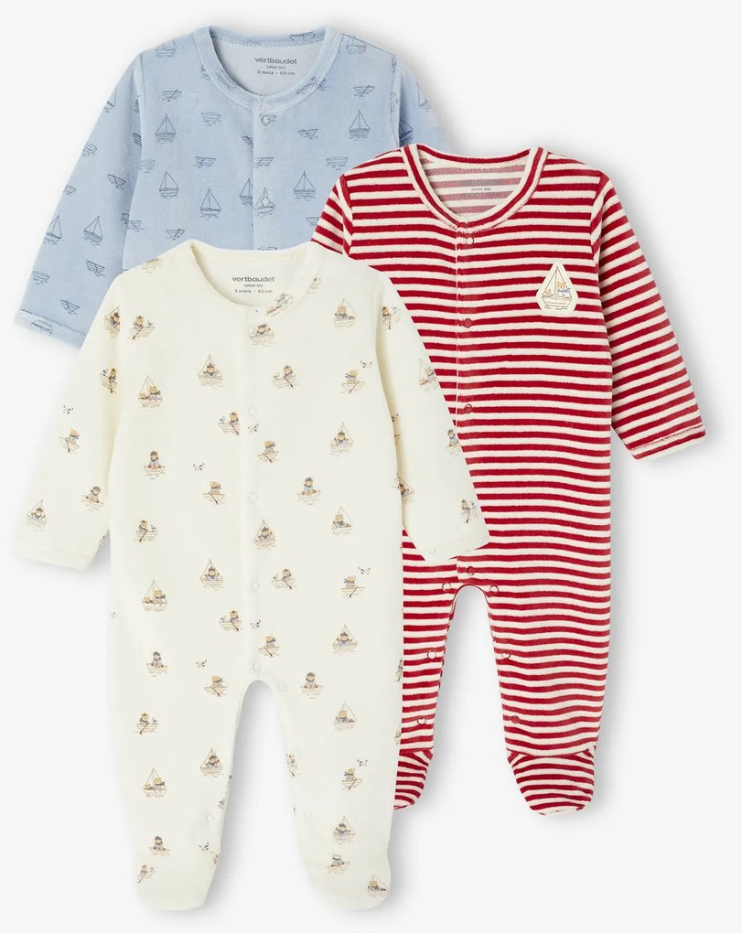 Lote de 3 pijamas em veludo, para recém-nascido azul-noite