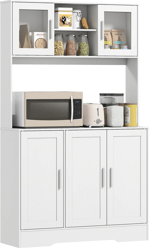 Armário de cozinha de estilo escandinavo 108 x 35 x 180 cm, compartimentos abertos, portas de vidro e bancada, branco