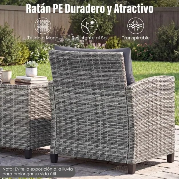 Conjunto de Jardim de 3 peças em rattan com almofadas macias e mesa em vidro temperado para varanda, alpendre ou jardim - cinzento