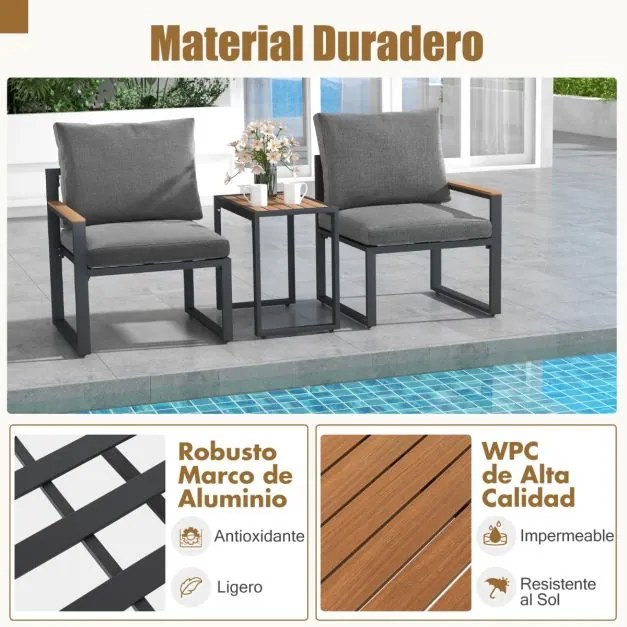 Conjunto de Móveis Jardim de 3 peças com 2 cadeiras Estrutura de alumínio Mesa de centro 2 almofadas traseiras Piscina Alpendre Varanda Cinzento